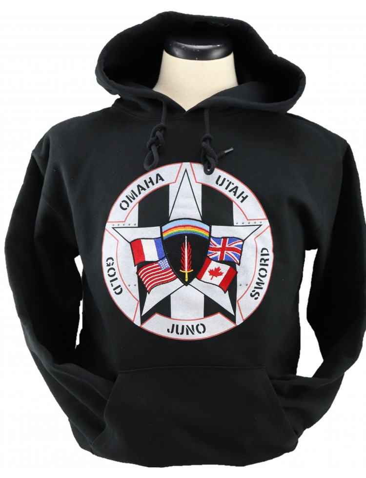 Black Military Hoodie With Pull Over Hood Front Embroidered D Day Design WW2 Battle Of Normandy Invasion Star 750x980 1 - Military Hoodie